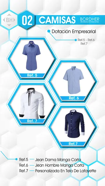 Catálogo Bordher página 02 – Camisas (Dotación Empresarial): Jean dama manga corta, Jean hombre manga corta, Personalizada en tela Lafayette
