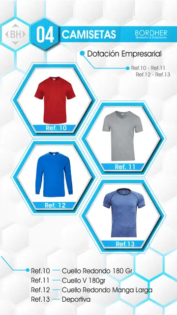Catálogo Bordher página 04 – Camisetas (Dotación Empresarial): Cuello redondo 180 g, Cuello V 180 g, Cuello redondo manga larga, Deportiva