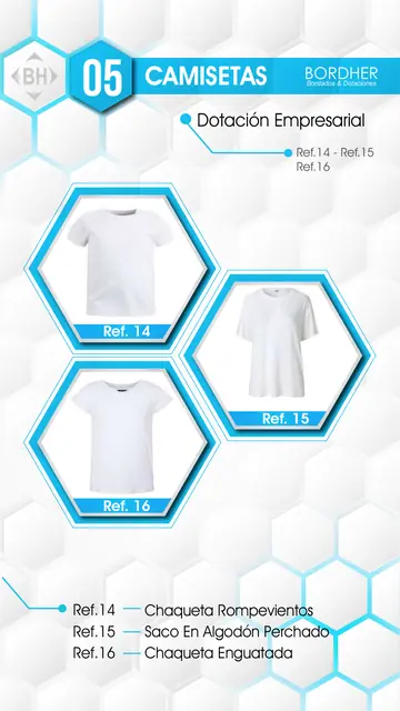 Catálogo Bordher página 05 – Camisetas y sacos (Dotación Empresarial): Chaqueta rompevientos, Saco en algodón perchado, Chaqueta enguatada