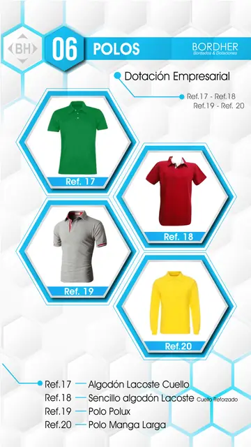 Catálogo Bordher página 06 – Polos (Dotación Empresarial): Algodón Lacoste cuello sencillo, Algodón Lacoste cuello reforzado, Polo Polux, Polo manga larga