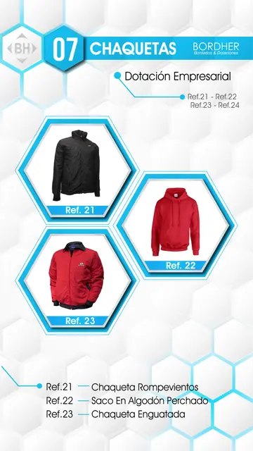 Catálogo Bordher página 07 – Chaquetas (Dotación Empresarial): Chaqueta rompevientos, Saco en algodón perchado, Chaqueta enguatada