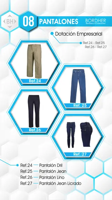 Catálogo Bordher página 08 – Pantalones (Dotación Empresarial): Pantalón dril, Pantalón jean, Pantalón lino, Pantalón jean licrado