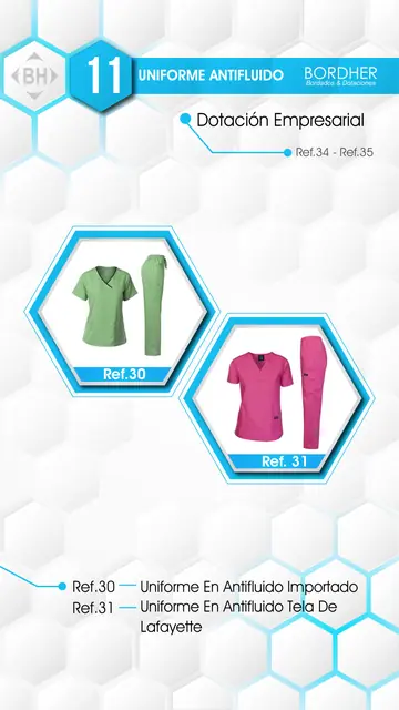 Catálogo Bordher página 11 – Uniforme antifluido (Dotación Empresarial): Uniforme en antifluido importado, Uniforme en antifluido tela Lafayette