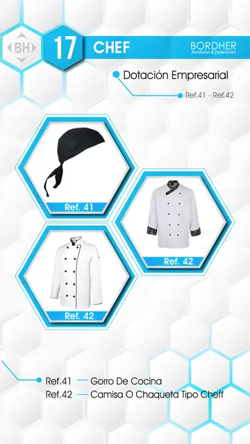 Catálogo Bordher página 17 – Línea chef (Dotación Empresarial): Gorro de cocina, Camisa o chaqueta tipo chef