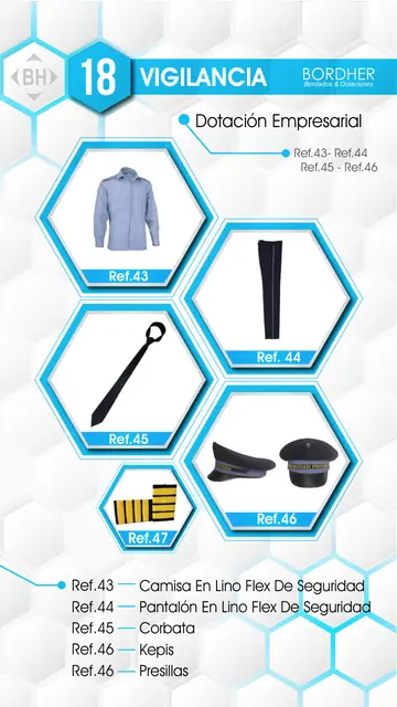 Catálogo Bordher página 18 – Vigilancia (Dotación Empresarial): Camisa en lino flex de seguridad, Pantalón en lino flex de seguridad, Corbata, Kepis, Presillas