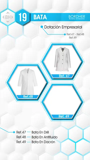 Catálogo Bordher página 19 – Batas (Dotación Empresarial): Bata en drill, Bata en antifluido, Bata en dacrón