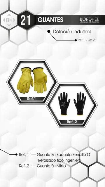 Catálogo Bordher página 21 – Guantes (Dotación Industrial): Guante en baqueta sencillo o reforzado tipo ingeniero, Guante en nitrilo