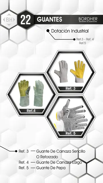 Catálogo Bordher página 22 – Guantes (Dotación Industrial): Guante de carnaza sencillo o reforzado, Guante de carnaza largo, Guante de pepa