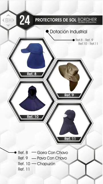 Catálogo Bordher página 24 – Protectores de sol (Dotación Industrial): Gorra con chavo, Pava con chavo, Chapuzón