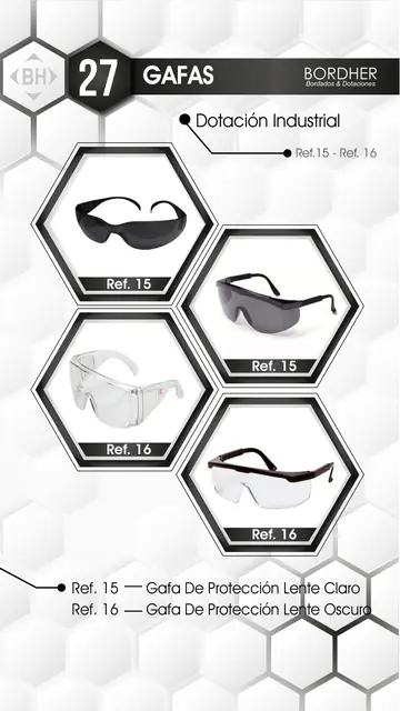Catálogo Bordher página 27 – Gafas (Dotación Industrial): Gafa de protección lente claro, Gafa de protección lente oscuro