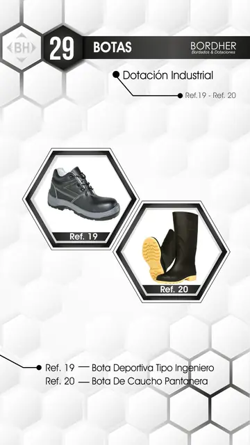 Catálogo Bordher página 29 – Botas (Dotación Industrial): Bota deportiva tipo ingeniero, Bota de caucho pantanera
