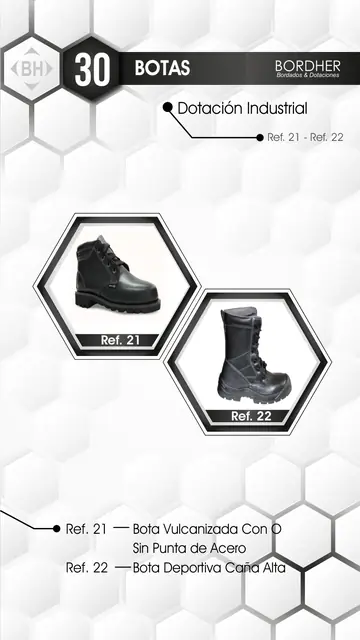 Catálogo Bordher página 30 – Botas (Dotación Industrial): Bota vulcanizada con o sin punta de acero, Bota deportiva caña alta