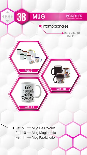 Catálogo Bordher página 38 – Mugs (Promocionales): Mug de colores, Mug mágico, Mug publicitario