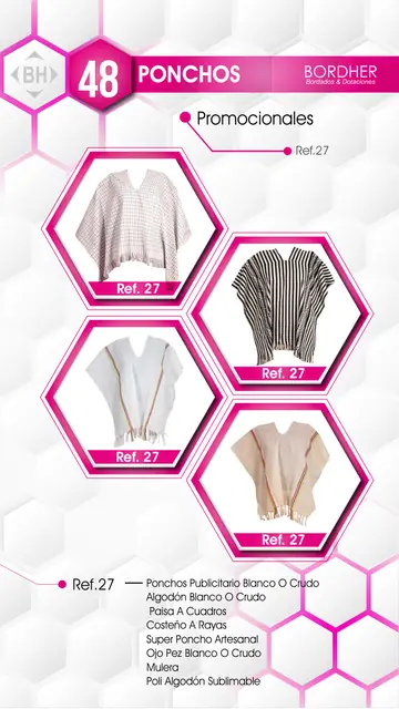 Catálogo Bordher página 48 – Ponchos (Promocionales): Poncho publicitario en algodón blanco o crudo, paisa a cuadros, costeño a rayas, súper poncho artesanal, ojo de pez, mulera y poli-algodón sublimable