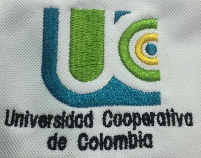 Logo de universidad bordado sobre camiseta blanca